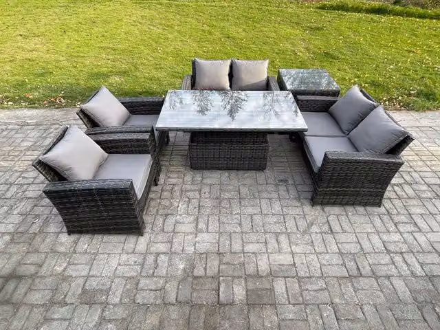 Fimous 6 Seater Rattan Garden Furniture Set with Rising Lifting Table, Double Seat Sofa and Side Table in Dark Grey