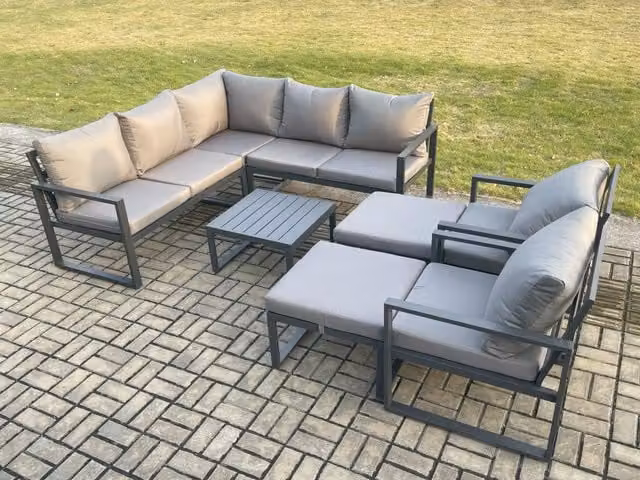 Fimous 9 Seater Outdoor Aluminium Garden Furniture Set in Dark Grey with Corner Lounge Sofa, Square Coffee Table and 2 Ottomans