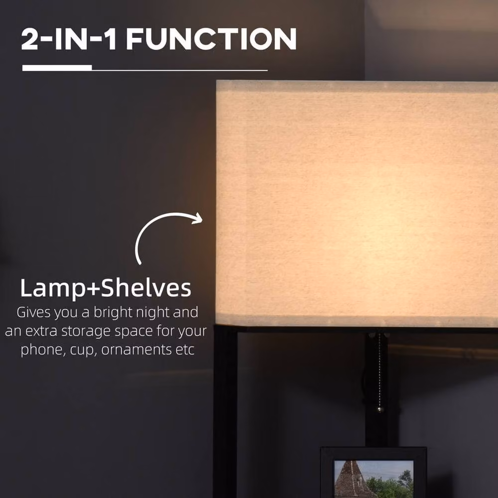 HOMCOM Black Modern Corner Floor Lamp with Wood Shelves and Fabric Shade, H: 159 cm x W: 37 cm x D: 37 cm – 2