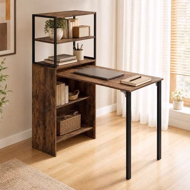 STILVORA Folding Desk with Four-Tier Shelf in Brown – 1