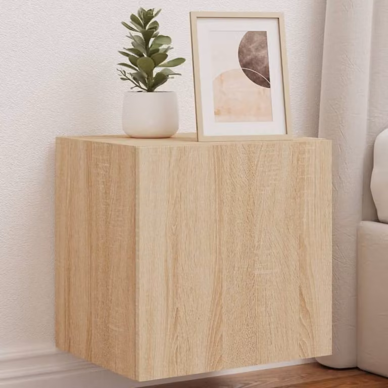 Berkfield Home Set of 2 TV Wall Cabinets with LED Lights in Sonoma Oak Tan, W/D/H: 40.5 x 35 x 40 cm