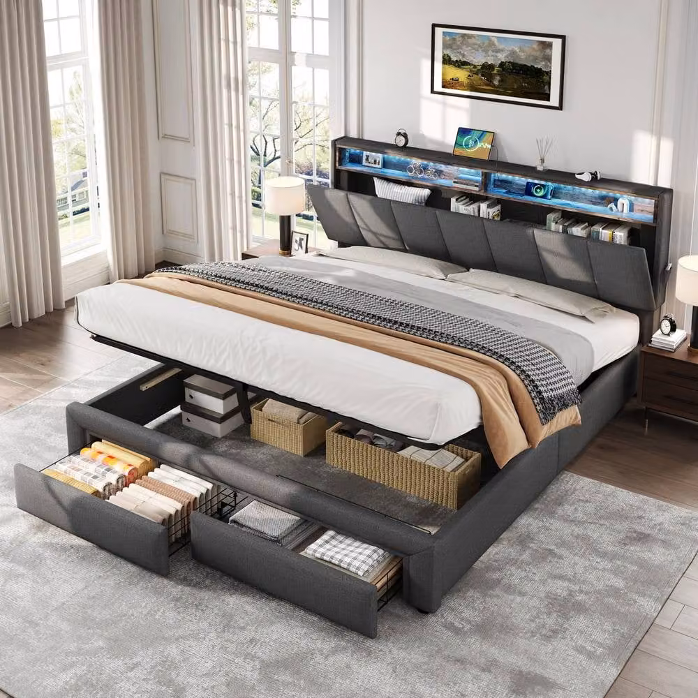 ModernLuxe King Upholstered Ottoman Bed in Grey with Drawers, LED Storage Headboard, USB Charging Ports and Bedside Shelves, W/D/H: 180 x 200 cm – 2