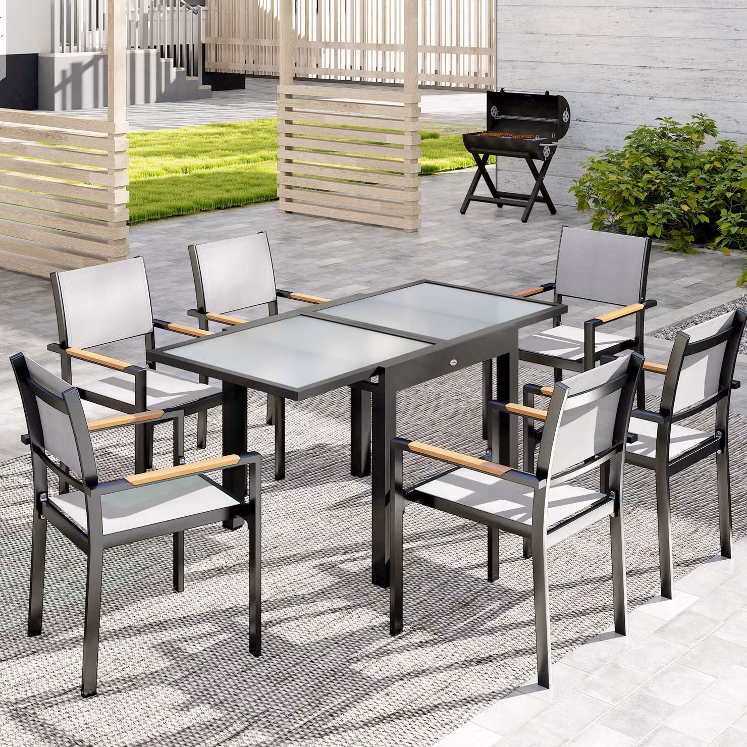 Outsunny Extendable Outdoor Garden Dining Table with Black Powder Coated Aluminium Frame and Clear Tempered Glass Top, W: 80/160 cm, D: 80 cm, H: 75 cm – 2