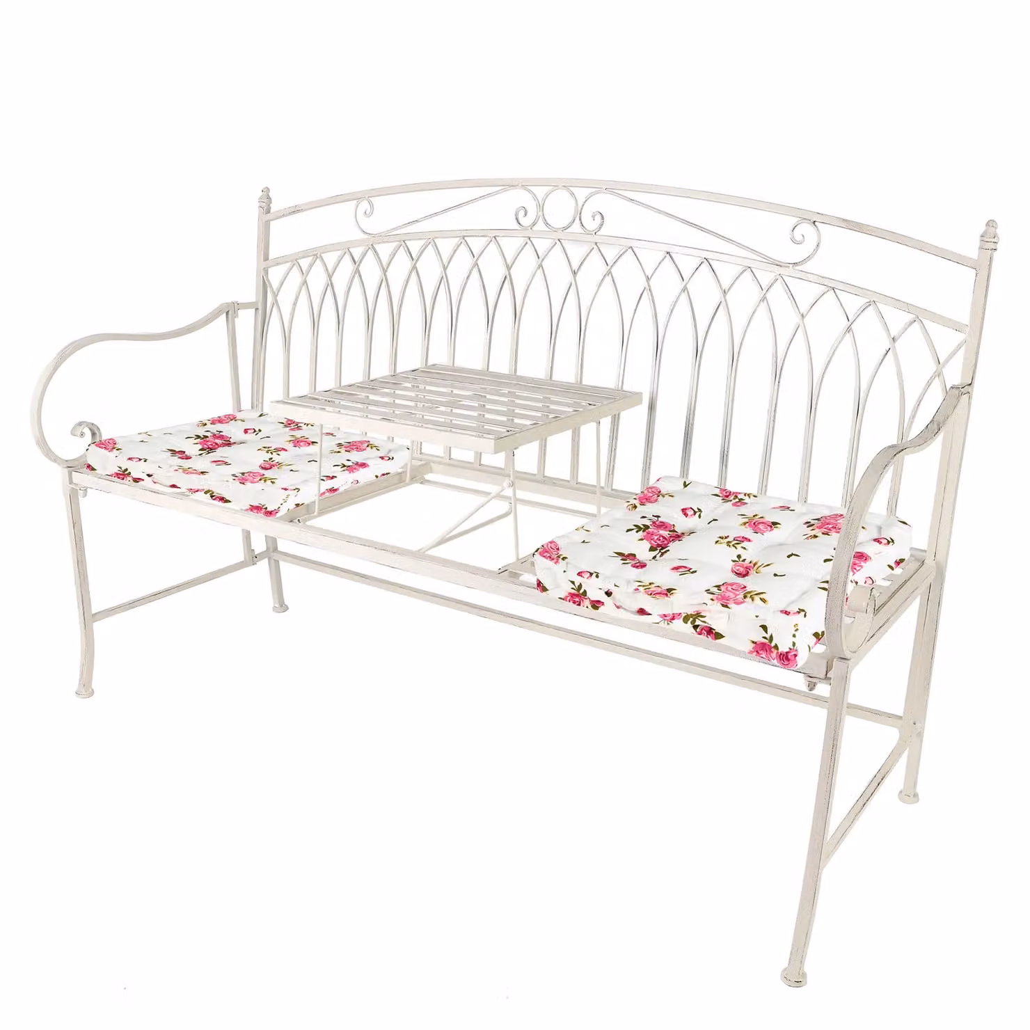 Dibor Vintage Large Cream Arched Outdoor Garden Companion Seat Bench with 2 Floral Box Cushions – 2