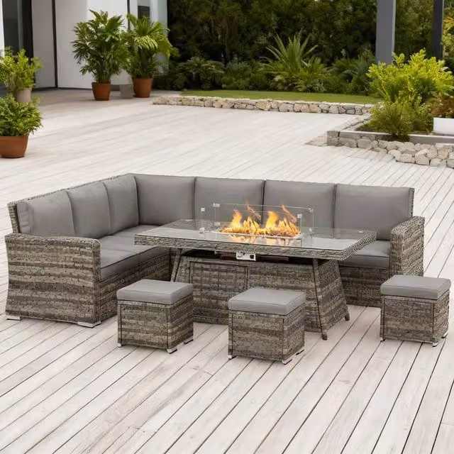 ERGOVEXA Seven-Piece Grey Rattan Firepit Table Sofa Set with Upholstered Cushions and Metal Frame