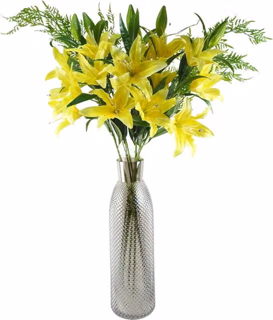 Geometric Square Glass Vase with Yellow Lily and Fern Leaf Design in Transparent, Yellow and Grey, H: 16 cm, W: 16 cm, D: 16 cm