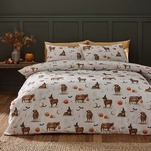 Catherine Lansfield Halloween Highland Cow Reversible Single Duvet Cover and Pillowcase Set, Natural/Beige, W/D/H: 135 x 200 cm, Pillowcase: 50 x 75 cm – 1