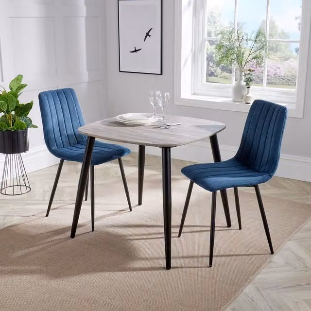 Aspen Dining Set by Core Products Ltd with Grey Oak Effect Table and 2 Blue Straight Stitch Chairs