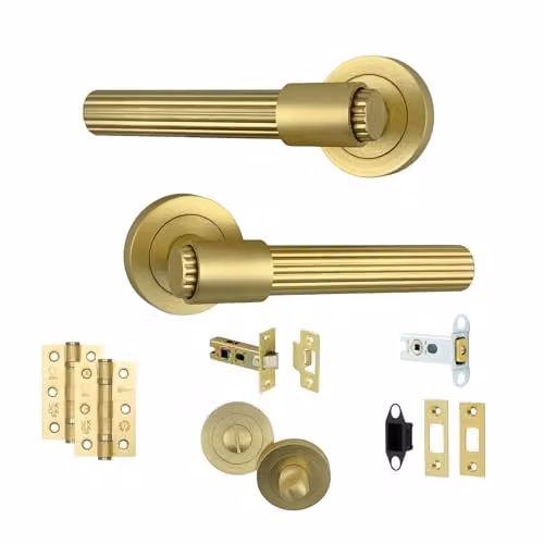 AXS Hardware Nevada Door Handle Pair on Rose with Stepped Collar Design, Bathroom Door Pack, Satin Brass – 1
