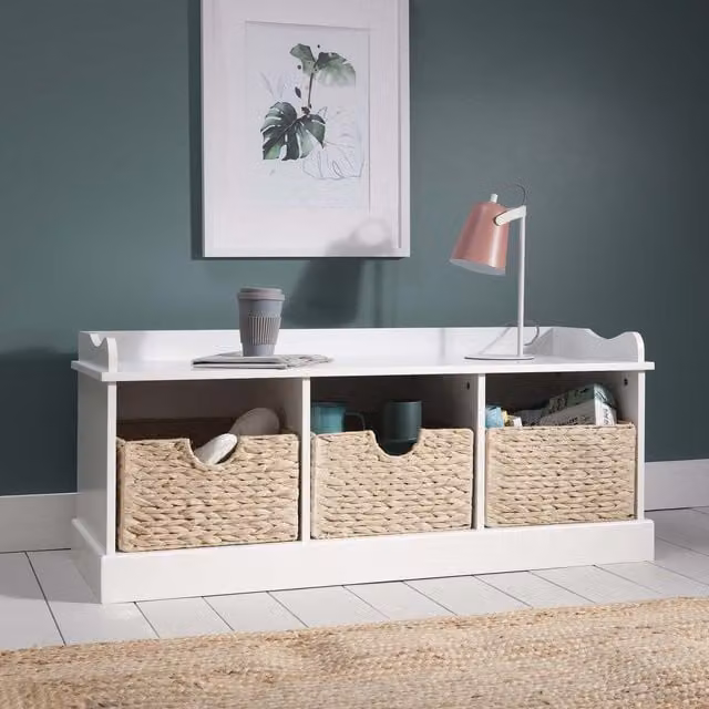 Noa and Nani Stockholm Storage Bench with 3 Rattan Baskets in White