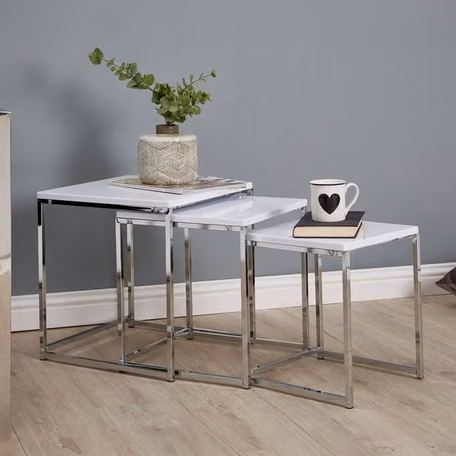 Orsina Set of Three Modern Square Nesting Side Tables in White and Silver