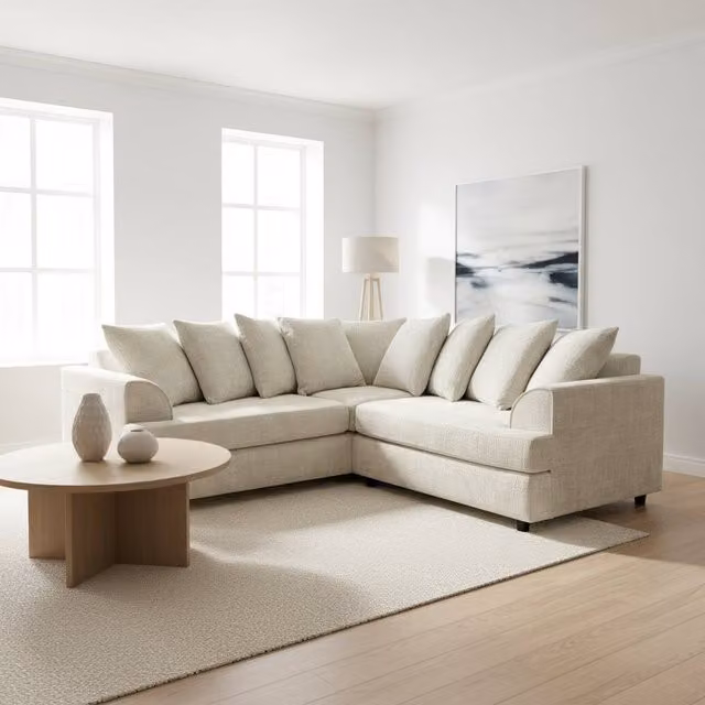 Abakus Direct Ferguson L-Shape Chenille Corner Sofa in Beige with Solid Wood Frame and Scatter Cushions – 1