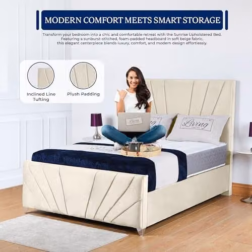 Living Comfort Bedz Bespoke Ottoman Bed Frame with Headboard in Cream Plush Velvet, W/D/H: 200 x 180 x 127 cm – 2