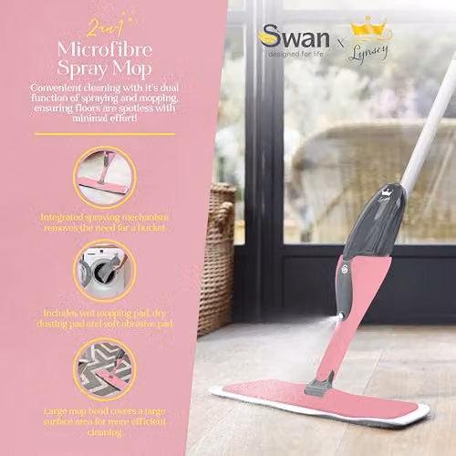Swan x Lynsey TV Queen of Clean Spray Mop with 500ml Anti-Leak Bottle and Microfibre Pads, Pink, SWFC1000QOCN – 2