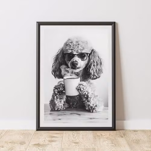 60 Second Makeover Funny Poodle Drinking Coffee Paper Poster, A4, Multicolour