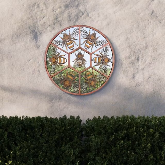 MirrorOutlet Kirkby Metal Circular Bumble Bee Hanging Window Garden Mirror, Multicolour, Diameter: 80 cm