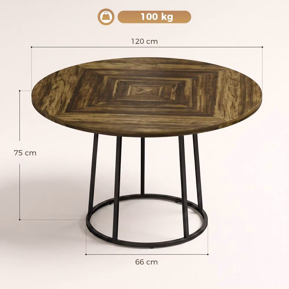 STILVORA Rustic Round Dining Table for 4-6 Adults in Brown with Black Metal Base, Diameter: 120 cm – 3