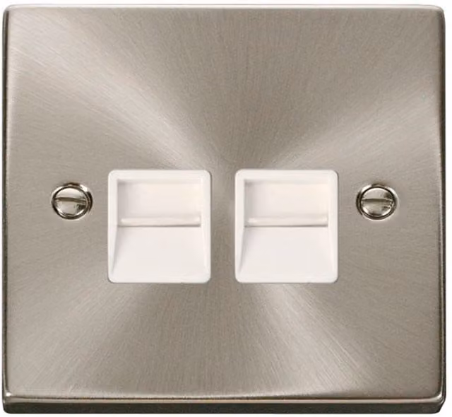 SE HOME Satin Brushed Chrome Secondary Telephone Twin Socket with White Plate