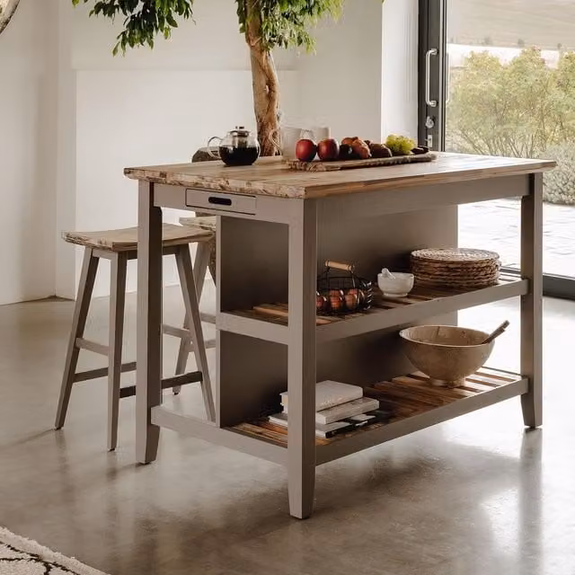 Florence Breakfast Bar with Shelves in Dove Grey and Acacia Wood, W/D/H: 126 x 78 x 91 cm