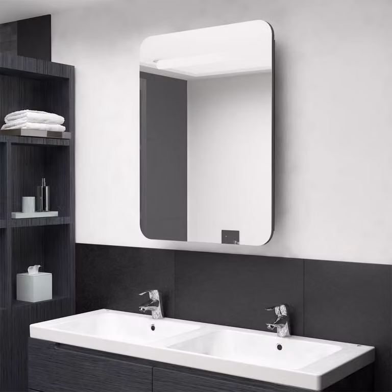 Berkfield Home LED Bathroom Mirror Cabinet in Grey, W/D/H: 60 x 11 x 80 cm