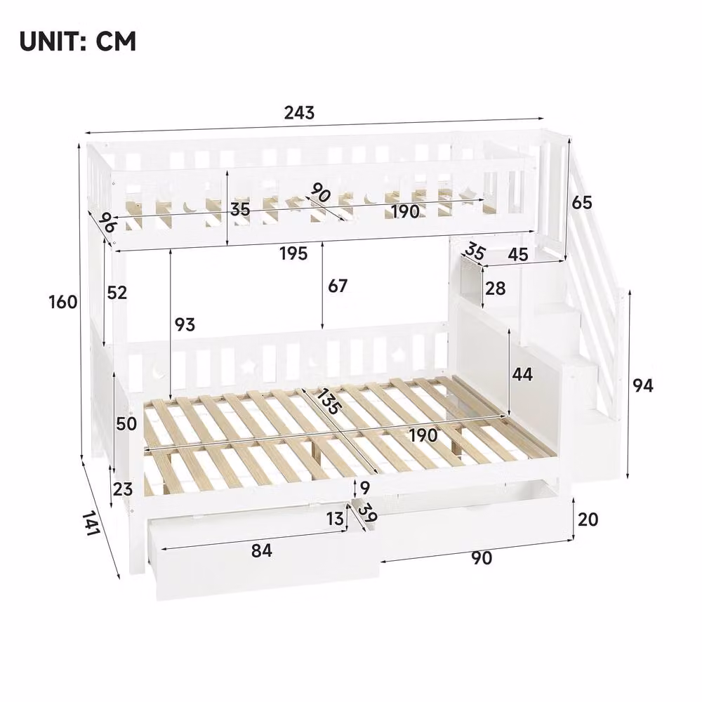 BTM Solid Wood Single Bunk Bed with Storage Drawers and Stairs in White – 3