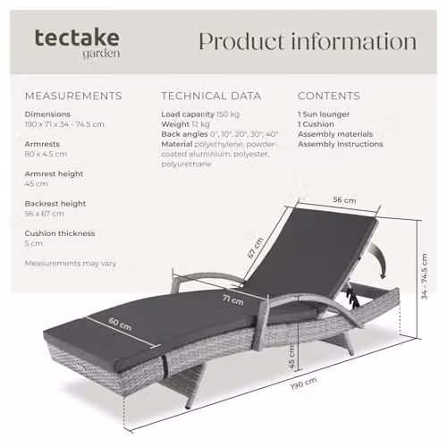 tectake Rattan Sun Lounger with 5-Position Adjustable Backrest and Soft Cushion in Light Grey – 3