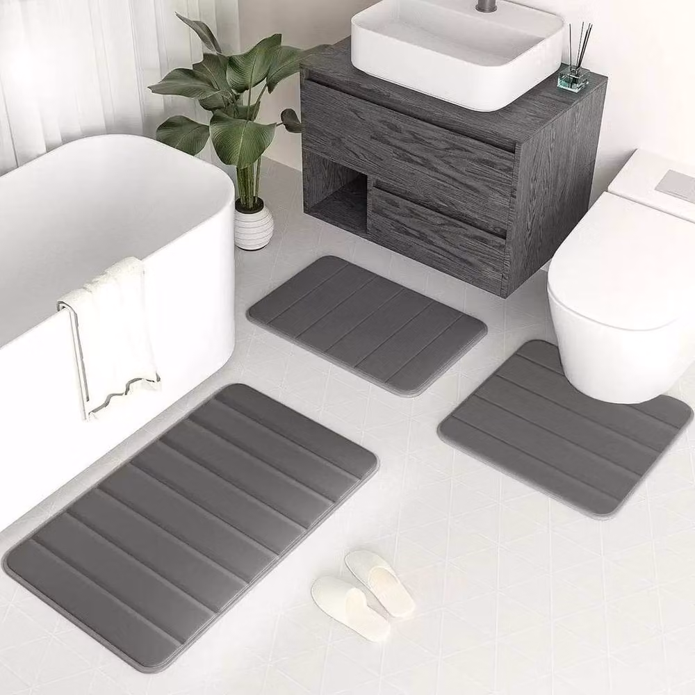 Kelvenix Set of 3 Grey Memory Foam Non-Slip Bath Mats – 3