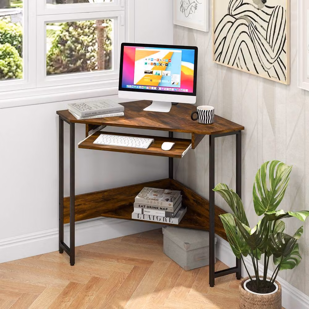 Gymax Small Brown Corner Computer Desk with Keyboard Tray and Power Outlets – 3