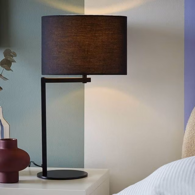 Wyld and Coco Black Metal Table Lamp with Fabric Drum Shade, Height: 49 cm