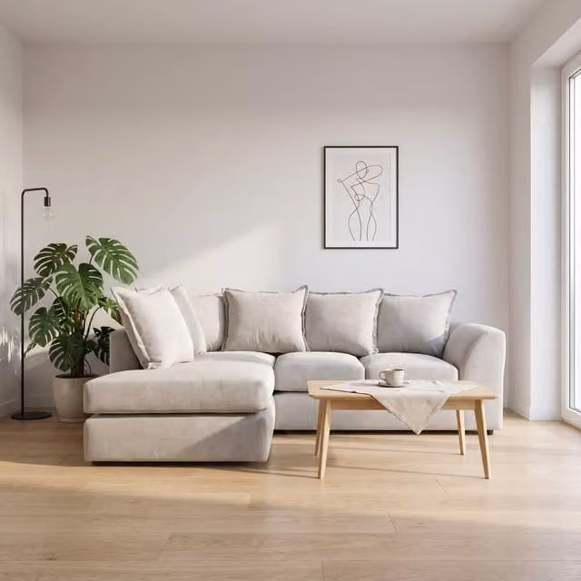 Abakus Direct Dexter Relaxed Linen Left Facing Corner Sofa with Plush Chaise in Light Grey – 1
