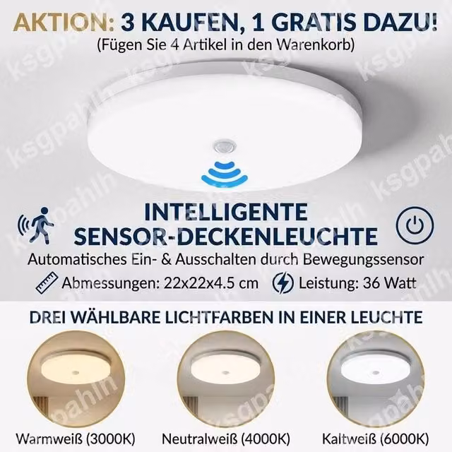SPETLEK White LED Ceiling Light Panel with PIR Motion Sensor