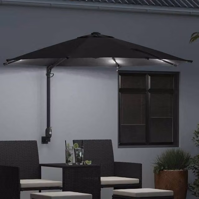 Berkfield Home Traditional Wall-mounted Garden Parasol with LEDs, Black, Diameter: 248 cm