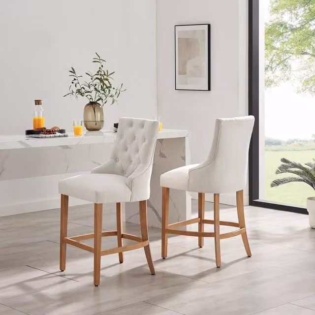 FurnitureboxUK Set of 2 Belgravia Beige Fabric Bar Chairs with Oak Effect Legs