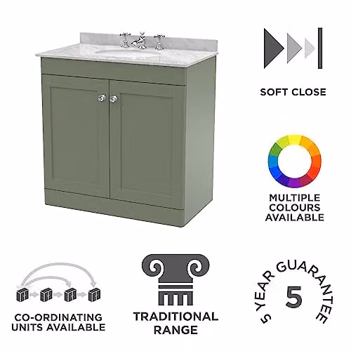 nuie Classique Traditional Bathroom Floor Standing 2 Door Unit and 3 Tap Hole Marble Worktop with Round Basin, Satin Green/Grey, W: 800 mm – 2