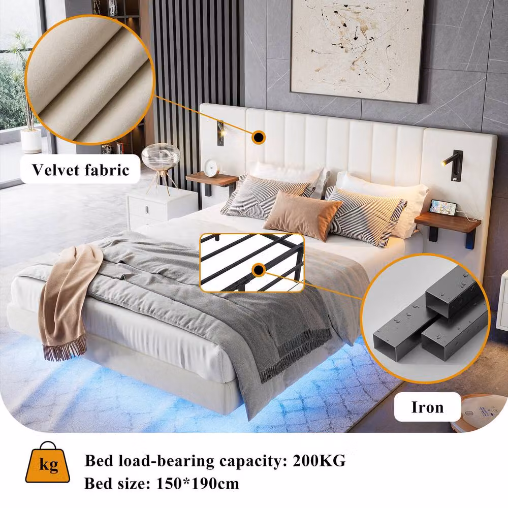 Matteo White Upholstered Double Bed with Integrated Headboard Storage, Bedside Shelves, Reading Lights and USB Charging Ports – 5