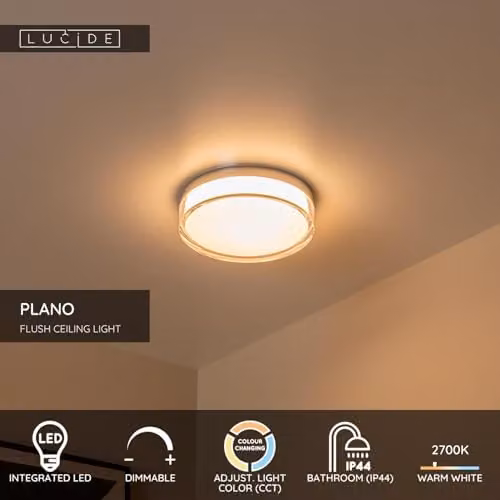 Lucide Plano Flush Ceiling Light for Bathrooms, White Opal, Diameter: 23 cm, Dimmable LED with CCT, IP44 – 2