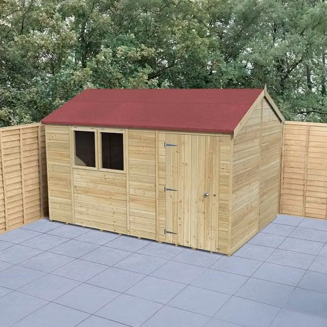 Forest Garden Timberdale Pressure Treated Reverse Apex Shed in Brown and White Wood