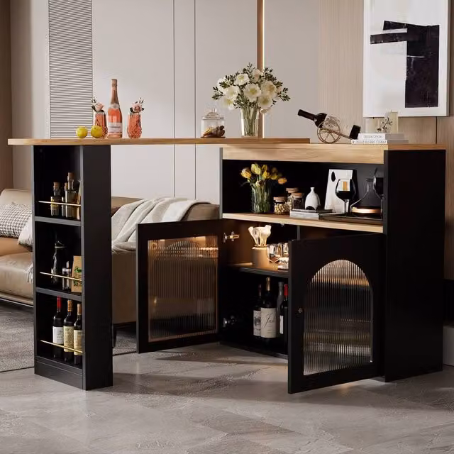 ModernLuxe Rotating Bar Cabinet in Black with LED Lighting and 2 Doors – 1