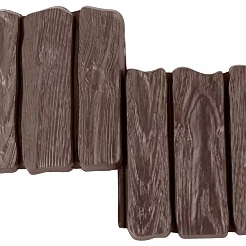 SolaDirect Brown Wood Bark Effect Plastic Lawn Edging Border Palisade with Ground Stakes – 7
