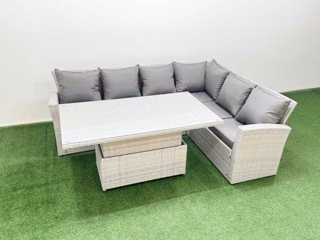 Fimous 6 Seat Rattan Garden Furniture Corner Sofa Set in Light Grey