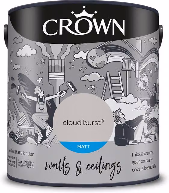 Crown Matt Breatheasy Emulsion Paint - Cloud Burst Grey Solvent-Free Water-Based Dispersion