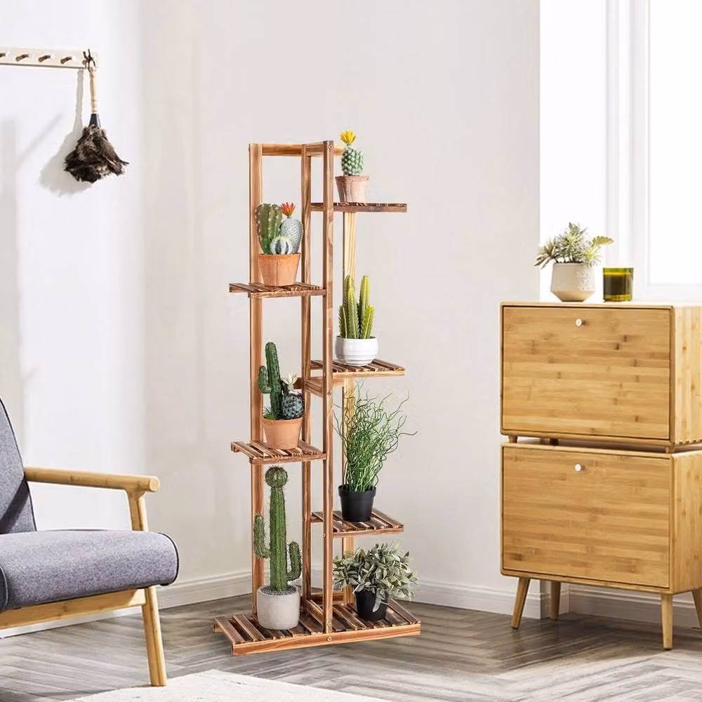 VOGREX 6-Tier Brown Wooden Plant Stand for 7 Flower Pots – 2