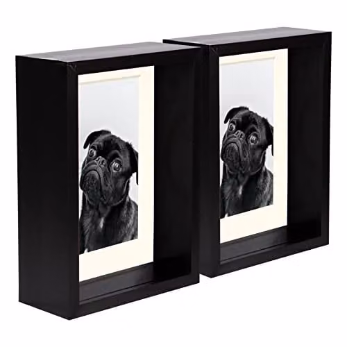Nicola Spring Pack of 2 Black Rectangular 3D Deep Box Wooden Photo Frames with Ivory Mount, Hanging or Standing