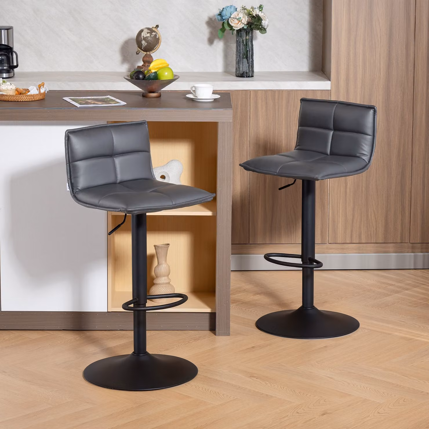 HOMCOM Set of Two Modern Faux Leather Bar Stools in Grey with 360 Degree Swivel and Metal Base – 2