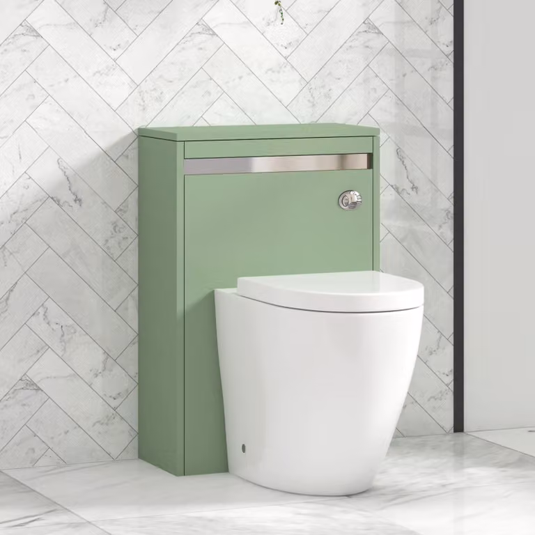 Royal Bathrooms Orion 540mm Mint Sage Wall Mounted WC Unit with Elva Rimless Short Projection Ceramic Toilet Pan, Seat and Cistern with Chrome Accent Trim