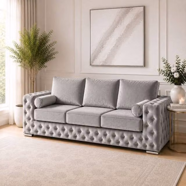 Stratus Interiors Ashley Luxury Chesterfield 3 Seater Fabric Upholstered Sofa in Light Grey