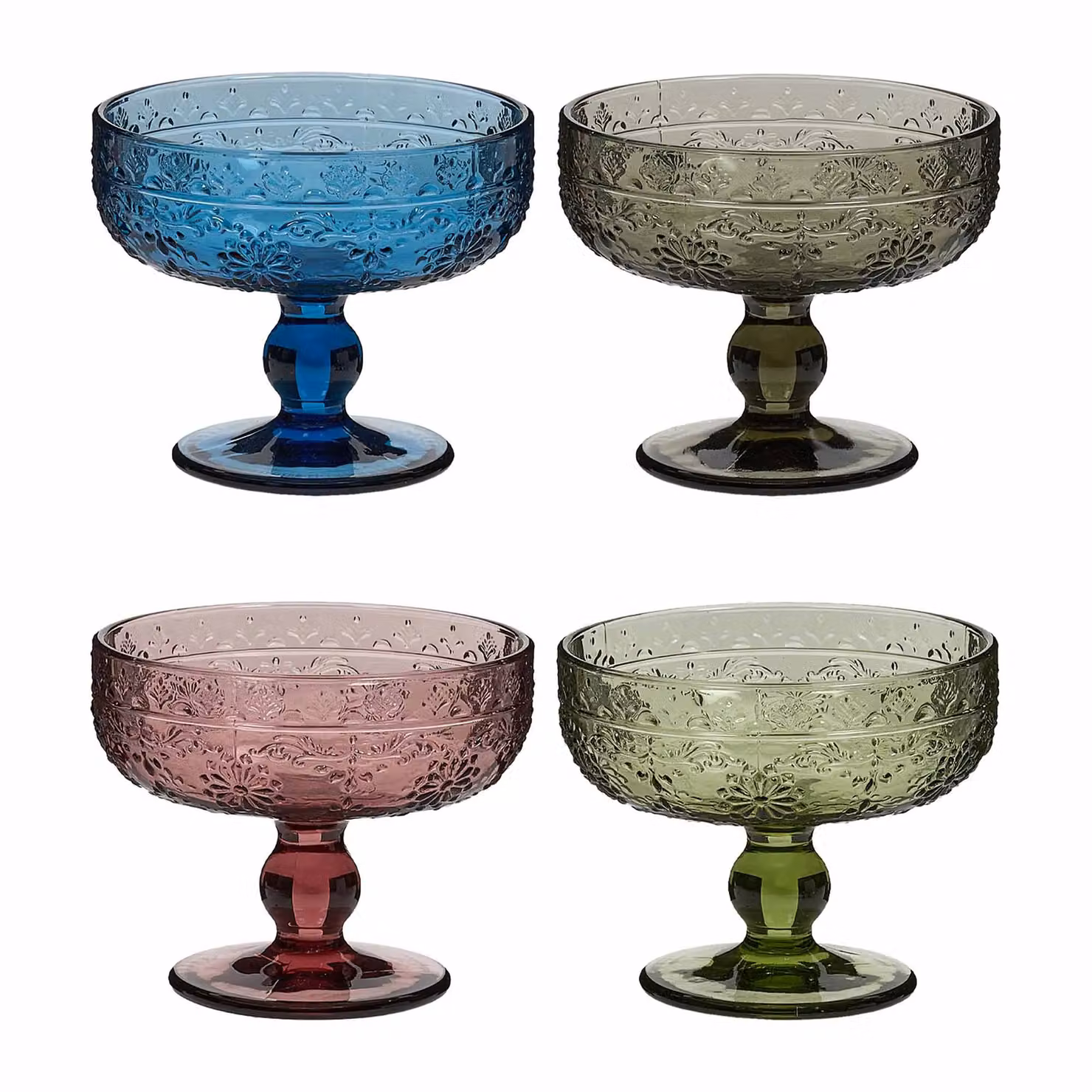 Dibor Set of 4 Fontaine Multicolour Embossed Glass Footed Dessert Bowls, H 10 cm x Dia 12 cm – 2