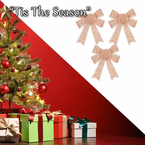 VFM e-Store Tinsel Bows 3 Pack Christmas Decorations in Gold, W/D/H: 10 x 13 x 3 cm – 5