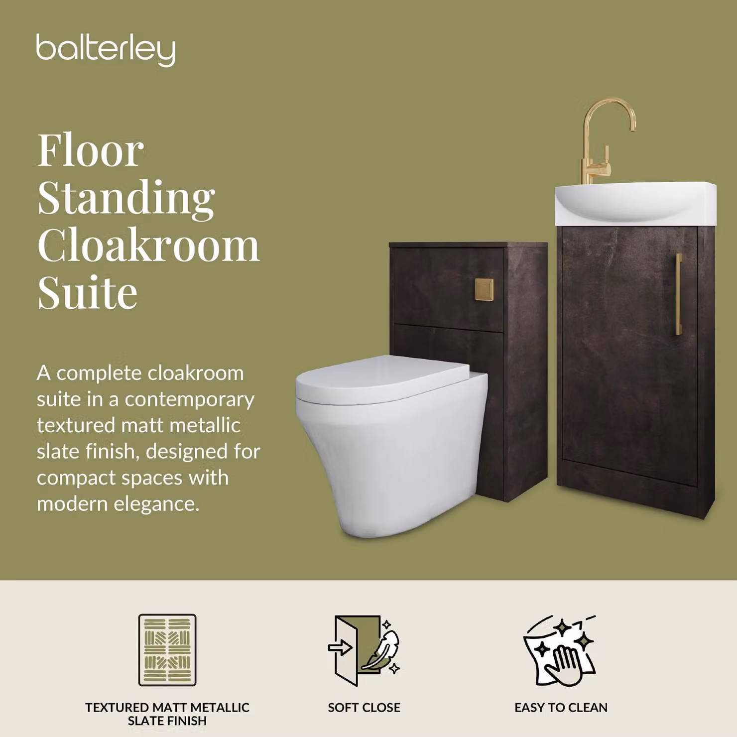 Balterley Right Hand Cloakroom Suite with Vanity, WC, Toilet and Tap Set in Matt Grey with Slate Brass Details – 2