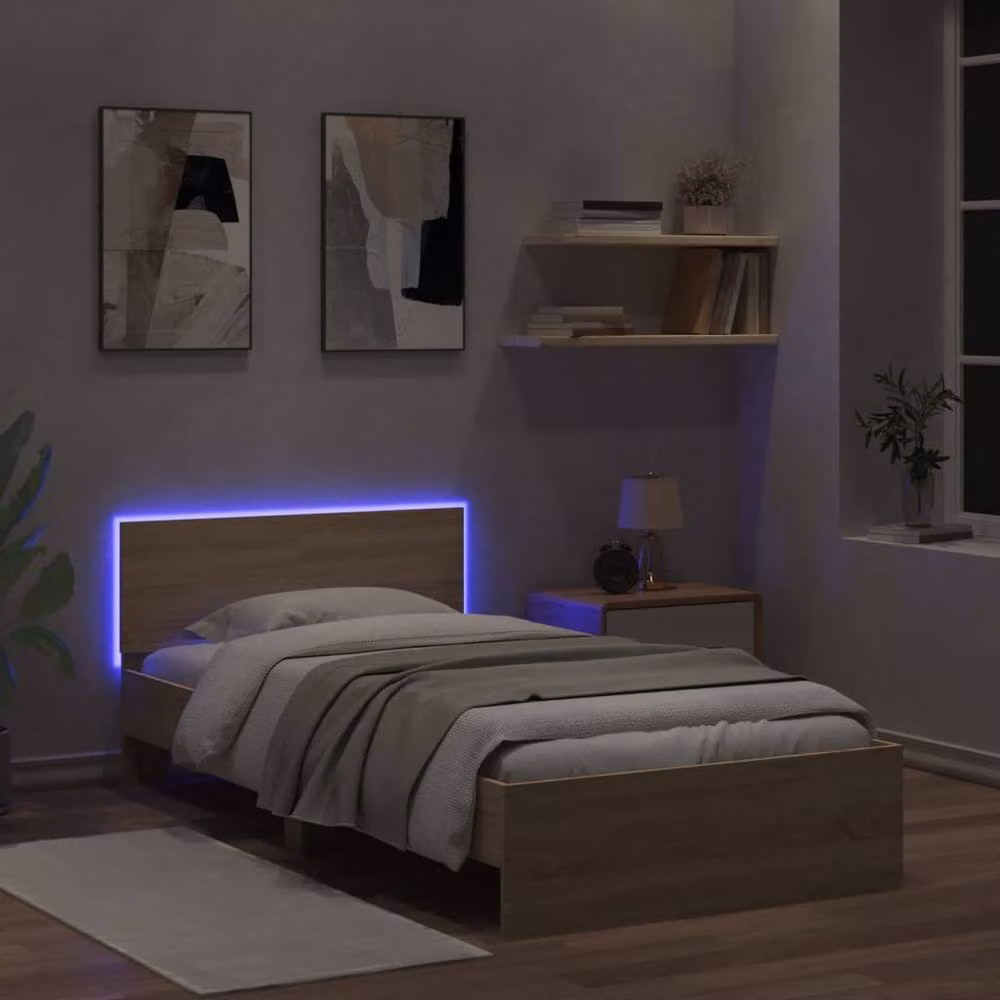 Berkfield Home Sonoma Oak Bed Frame with LED Lights and USB Charging Port, Light Tan, W/D/H: 100 x 200 cm – 2